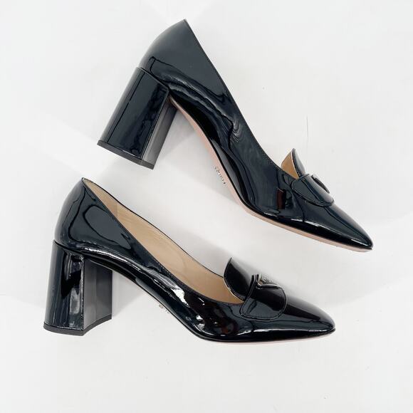 Prada Black Patent Vernice Metal Triangle Logo Block Heel Loafer Pumps IT 38 - Picture 4 of 14